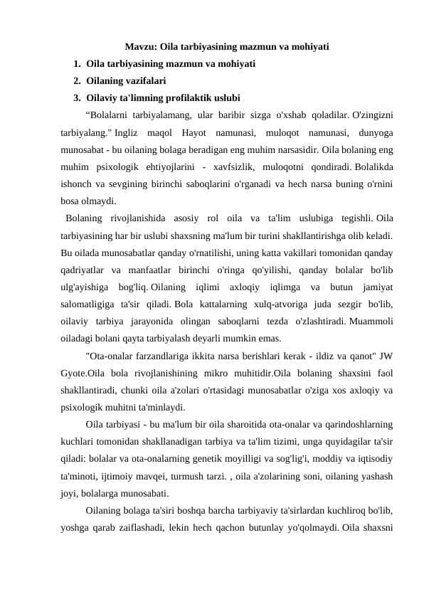 Oila tarbiyasining mazmun va mohiyati