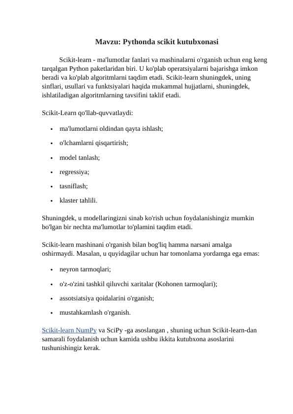 Pythonda scikit kutubxonasi