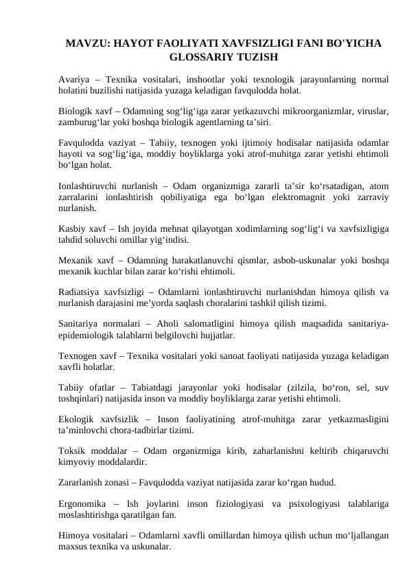 HAYOT FAOLIYATI XAVFSIZLIGI FANI BO'YICHA GLOSSARIY TUZISH