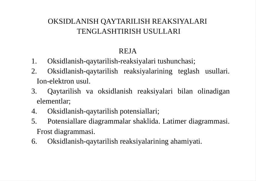 OKSIDLANISH QAYTARILISH REAKSIYALARI TENGLASHTIRISH USULLARI