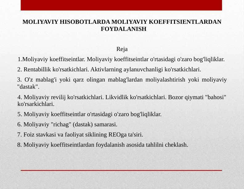 MOLIYAVIY HISOBOTLARDA MOLIYAVIY KOEFFITSIENTLARDAN FOYDALANISH