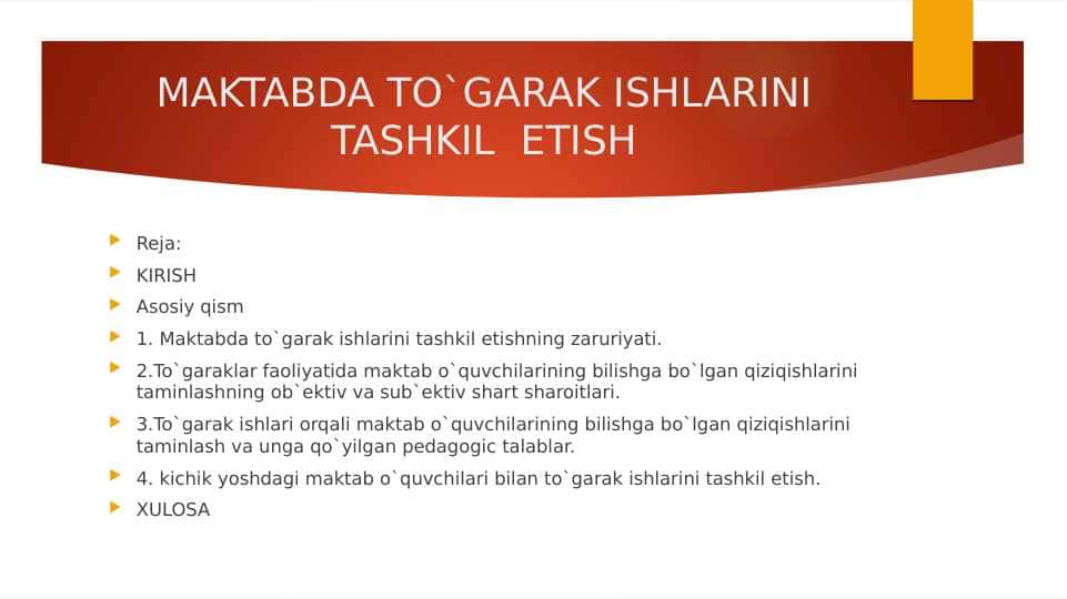MAKTABDA TO`GARAK ISHLARINI TASHKIL ETISH