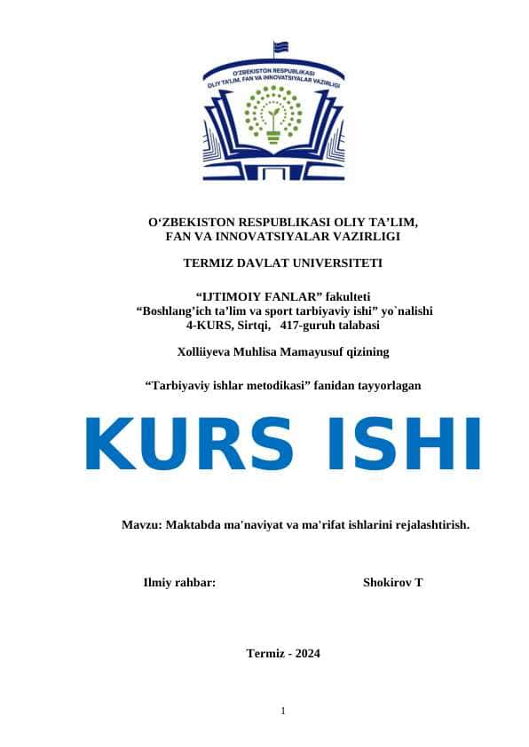 Maktabda ma’naviyat marifat ishlarni rejalashtirish