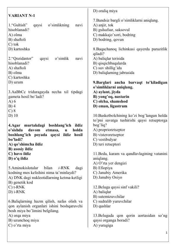 Biologiyadan variantli testlar
