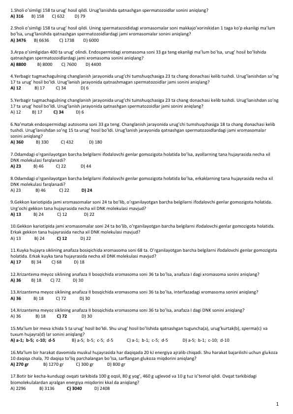 Biologiya fanidan 350 talik test javoblari bilan