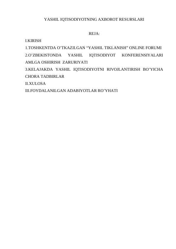 YASHIL IQTISODIYOTNING AXBOROT RESURSLARI