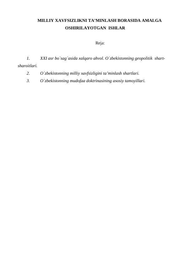 MILLIY XAVFSIZLIKNI TA’MINLASH BORASIDA AMALGA OSHIRILAYOTGAN ISHLAR