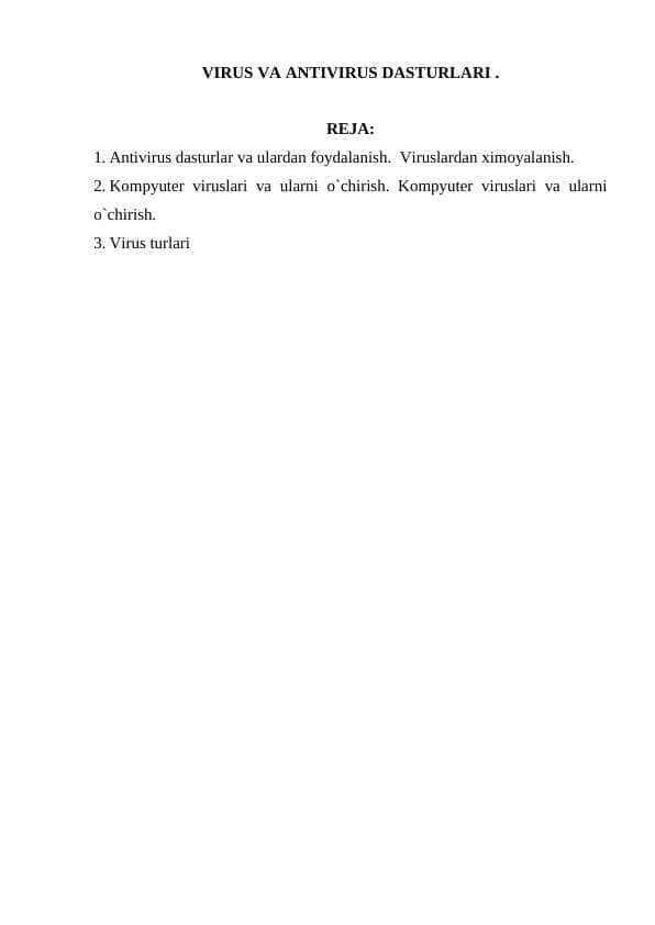 VIRUS VA ANTIVIRUS DASTURLARI