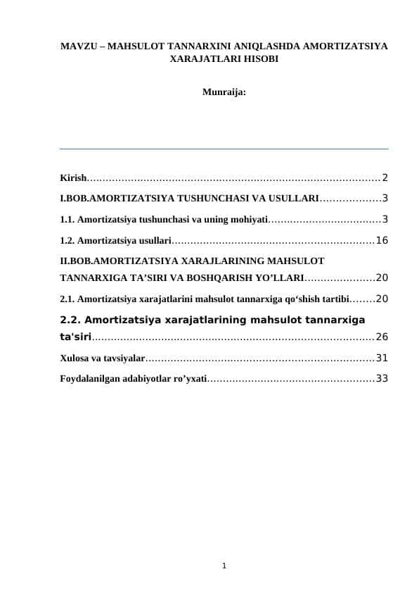 MAHSULOT TANNARXINI ANIQLASHDA AMORTIZATSIYA XARAJATLARI HISOBI