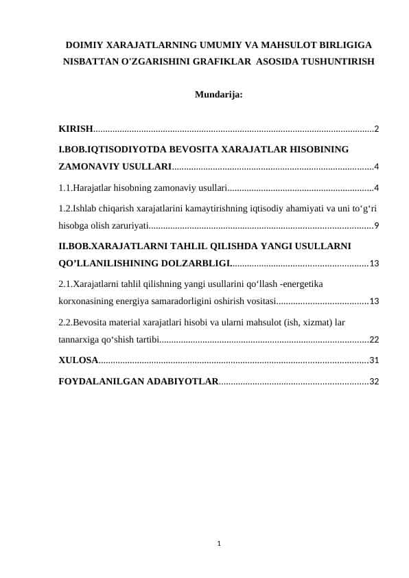 DOIMIY XARAJATLARNING UMUMIY VA MAHSULOT BIRLIGIGA NISBATTAN O'ZGARISHINI GRAFIKLAR ASOSIDA TUSHUNTIRISH