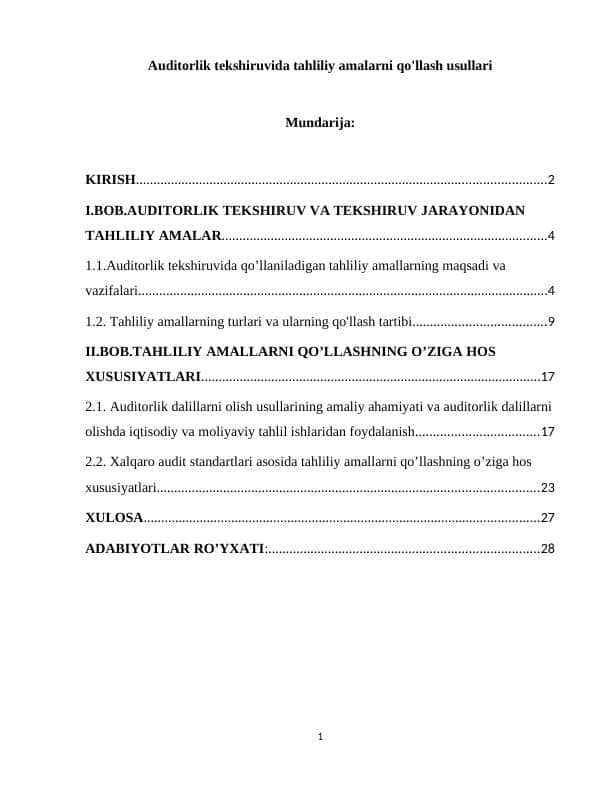 Auditorlik tekshiruvida tahliliy amalarning qo'llanilishi