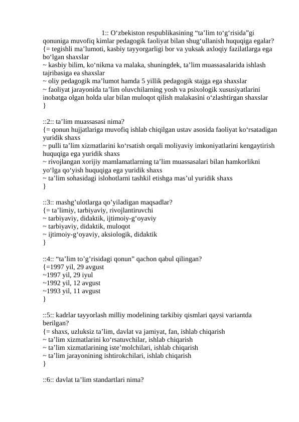 Inklyuziv ta'lim. Gospital pedagogikadan test javobi bilan