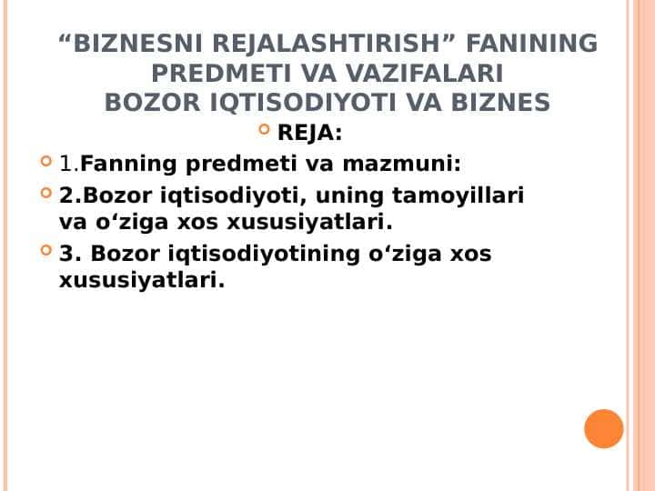 BIZNESNI REJALASHTIRISh FANINING PREDMETI VA VAZIFALARI