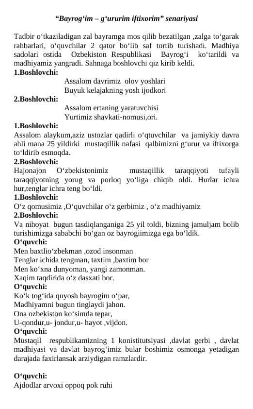 “Bayrog‘im – g‘ururim iftixorim” senariyasi