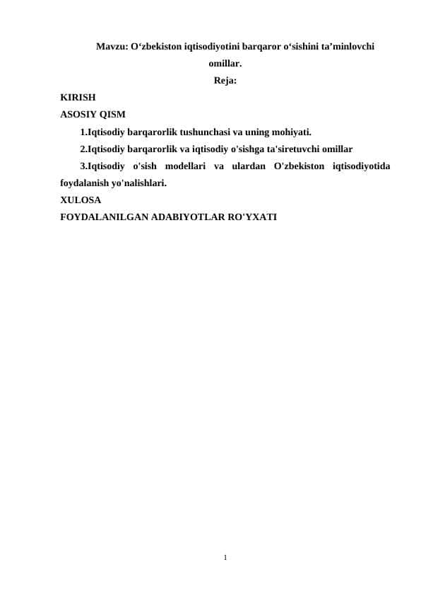 Oʻzbekiston iqtisodiyotini barqaror oʻsishini taʼminlovchi