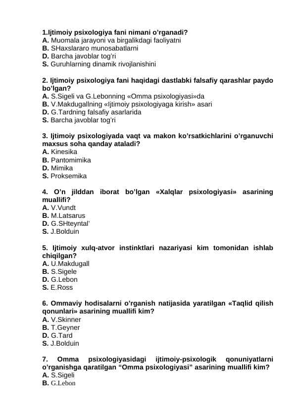Ijtimoiy psixologiyadan 100ta test yakuniy