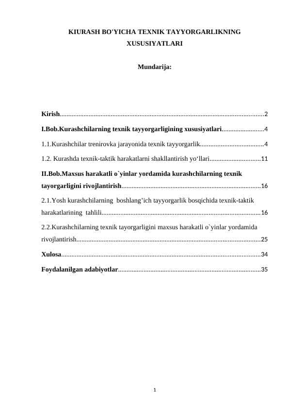 kiurash bo'yicha texnik tayyorgarlikning xususiyatlari