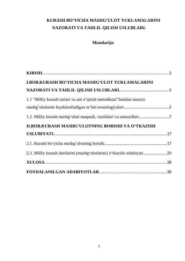 Kurash bo‘yicha mashg‘ulot yuklamalarini nazorati va tahlil qilish uslublari.