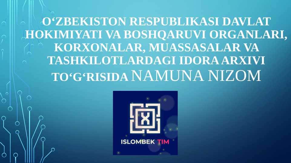 O‘zbekiston Respublikasi davlat hokimiyati va boshqaruvi organlari, korxonalar, muassasalar va tashkilotlardagi idora arxivi to‘g‘risida NAMUNA NIZOM