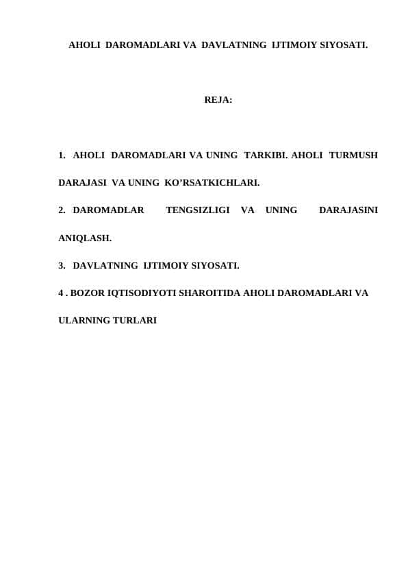 AHOLI DAROMADLARI VA DAVLATNING IJTIMOIY SIYOSATI