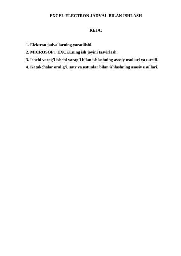EXCEL ELECTRON JADVAL BILAN ISHLASH