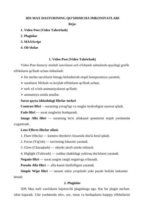 3DS MAX DASTURINING QO’SHIMCHA IMKONIYATLARI