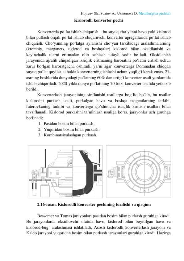 Kislorodli konverter pechi. qora metallurgiya. Hojiyev Sh., Soatov A., Usmonova D. Metallurgiya pechlari: