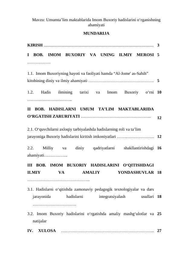 Umumta’lim maktablarida Imom Buxoriy hadislarini o‘rganishning ahamiyati