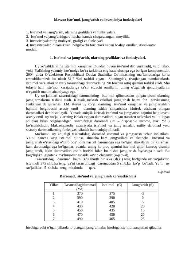Iste’mol, jamg‘arish va investitsiya funksiyalari