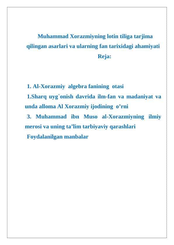 Muhammad Xorazmiyning lotin tiliga tarjima qilingan asarlari