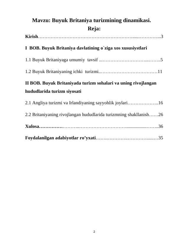 Buyuk Britaniya turizmining dinamikasi.