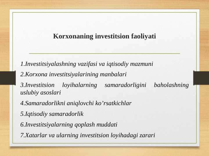 Korxonaning investitsion faoliyati