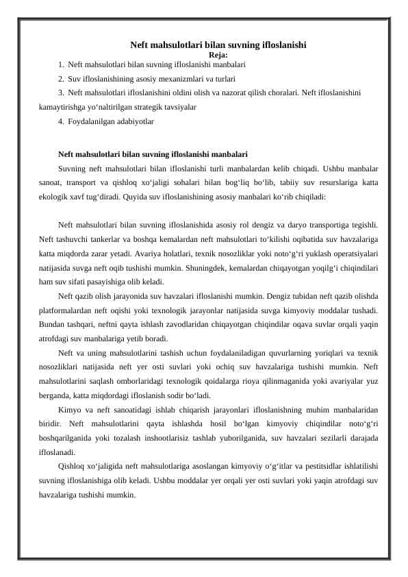 Neft mahsulotlari bilan suvning ifloslanishi