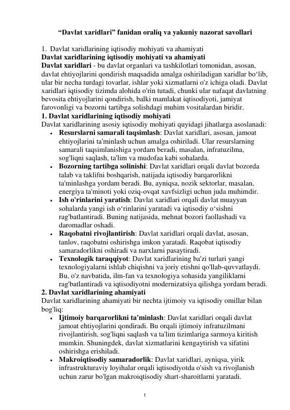 Davlat xaridlari yozma nazorat javoblari 82 savol javoblari
