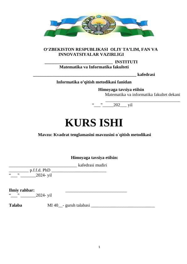Kvadrat tenglamasini mavzusini o`qitish metodikasi