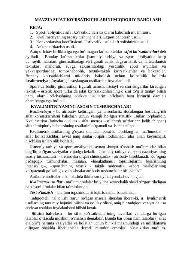 SIFAT KO‘RSATKICHLARINI MIQDORIY BAHOLASH