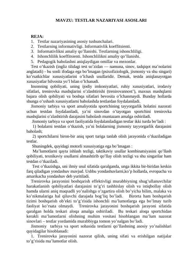 TESTLAR NAZARIYASI ASOSLARI