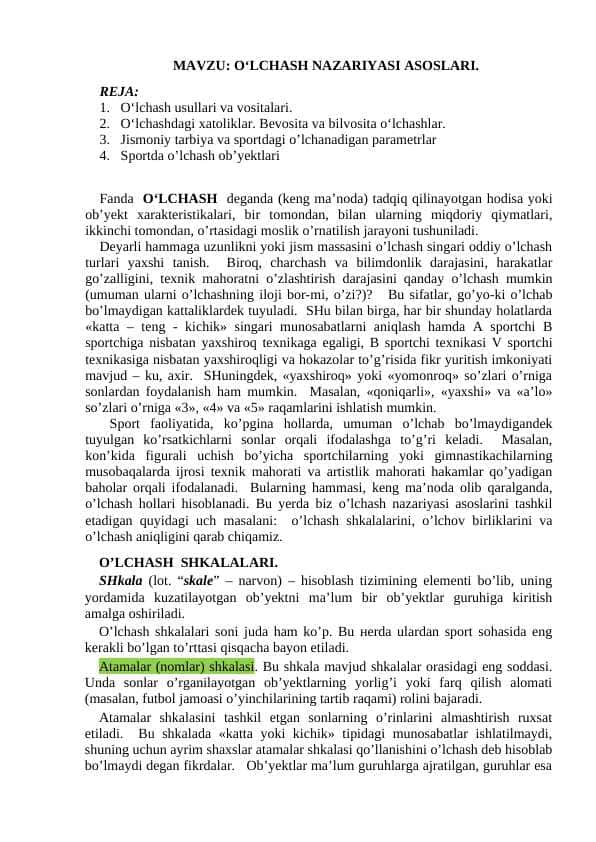 O‘LCHASH NAZARIYASI ASOSLARI