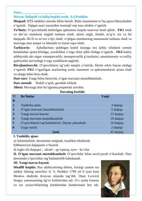 4-sinf o'qish Baliqchi va baliq haqida ertak. A.S.Pushkin dars ishlanma