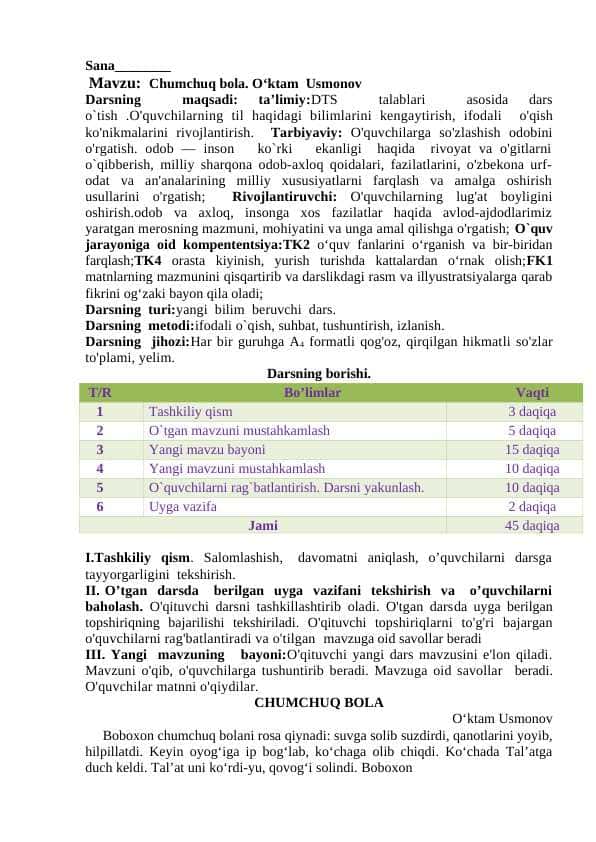 2-sinf o'qish Chumchuq bola. O‘ktam Usmonov dars ishlanma
