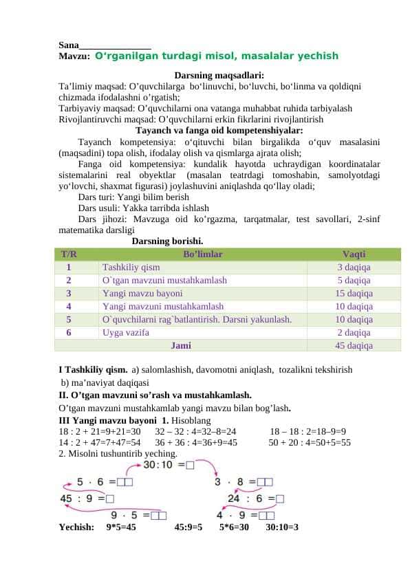2-sinf matematika O‘rganilgan turdagi misol, masalalar yechish dars ishlanma