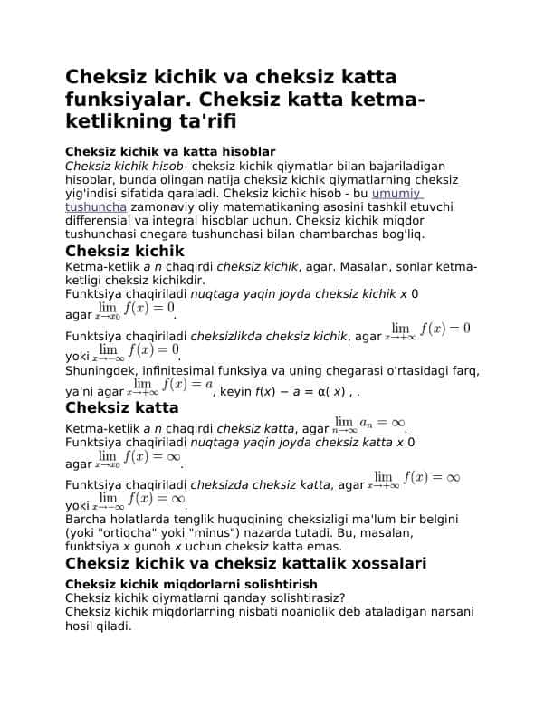 Cheksiz kichik va cheksiz katta funksiyalar. Cheksiz katta ketma-ketlikning ta'rifi