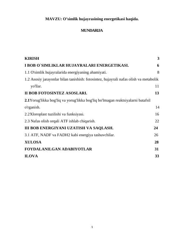 O’simlik hujayrasining energetikasi haqida.