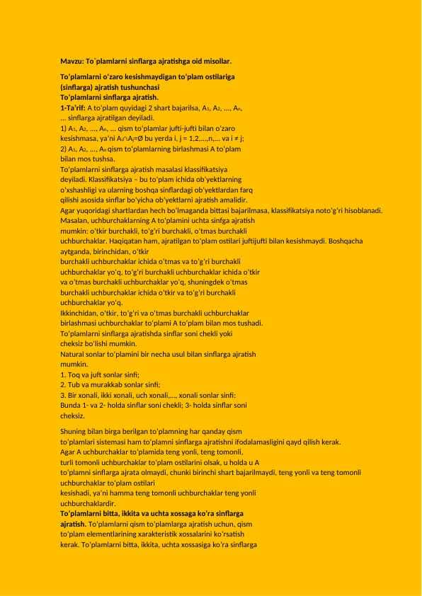 To`plamlarni sinflarga ajratishga oid misollar.