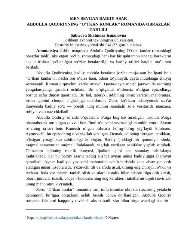 ABDULLA QODIRIYNING “O’TKAN KUNLAR” ROMANIDA OBRAZLAR TAHLILI