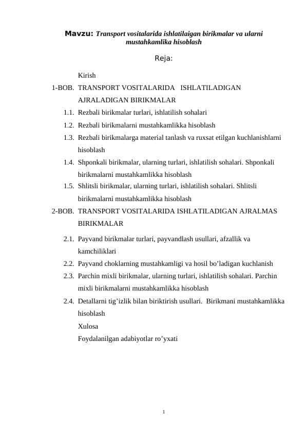 Transport vositalarida ishlatilaigan birikmalar va ularni mustahkamlika hisoblash