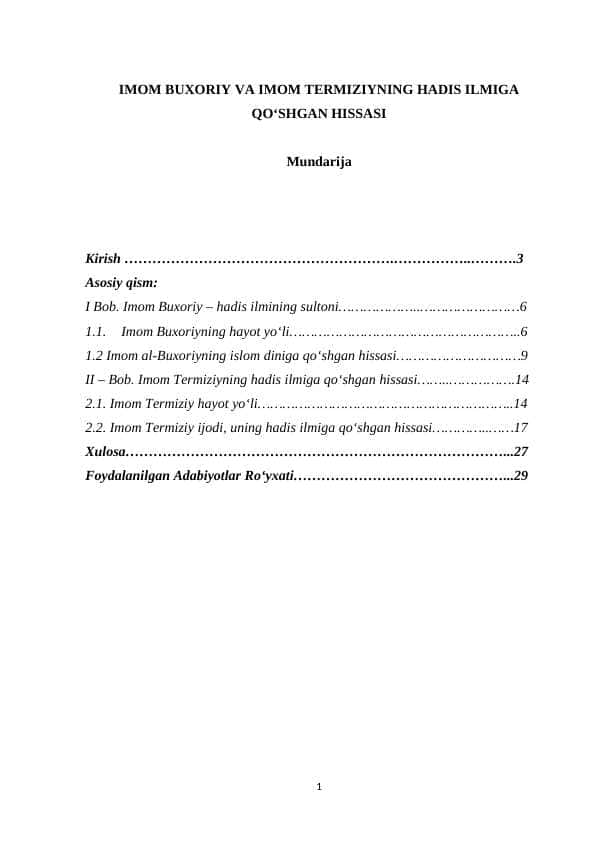 IMOM BUXORIY VA IMOM TERMIZIYNING HADIS ILMIGA QOʻSHGAN HISSASI