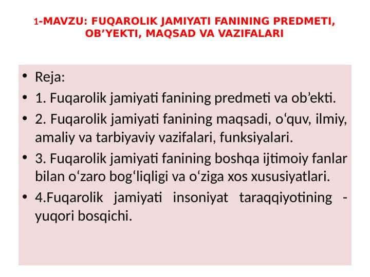 FUQAROLIK JAMIYATI FANINING PREDMETI, OB’YEKTI, MAQSAD VA VAZIFALARI