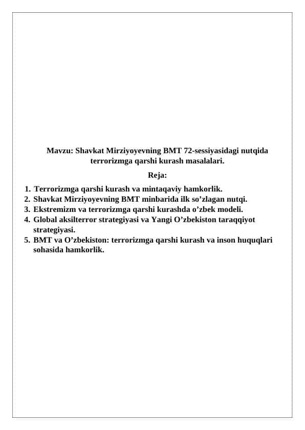 Shavkat Mirziyoyevning BMT 72-sessiyasidagi nutqida terrorizmga qarshi kurash masalalari
