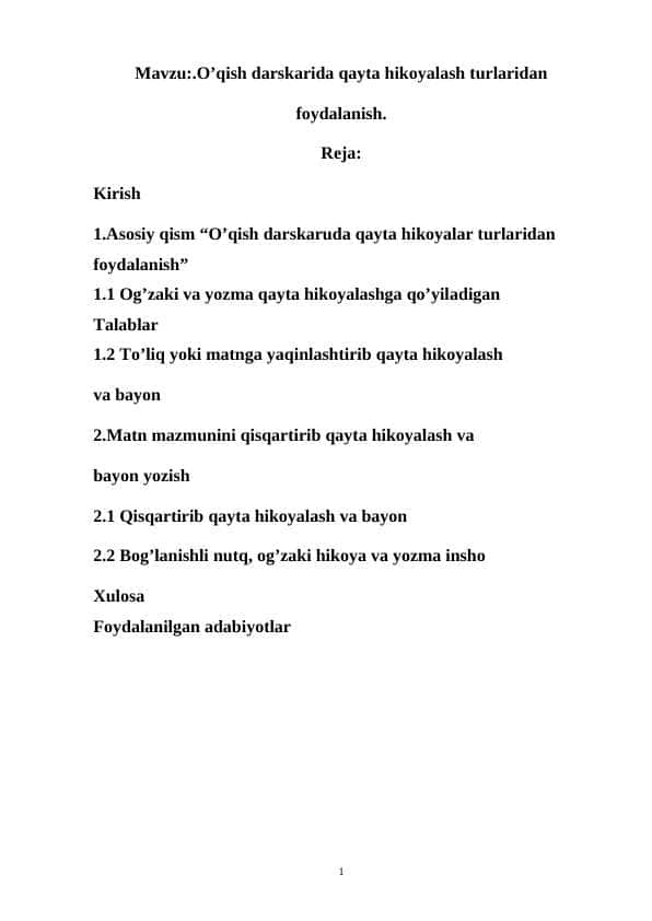 O’qish darskaruda qayta hikoyalar turlaridan foydalanish